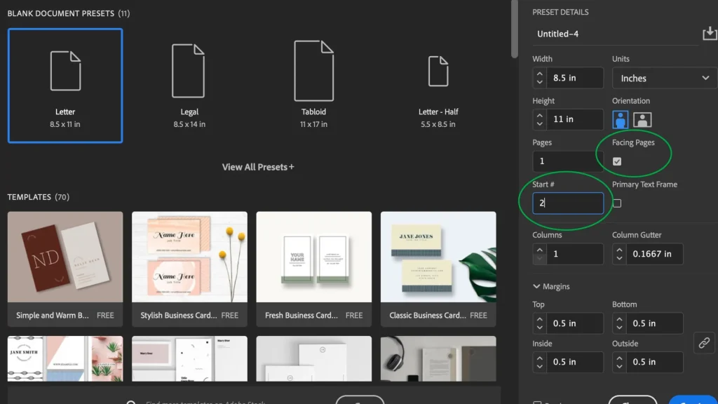 Screenshot of Adobe InDesign's new document setup panel, highlighting facing pages and page number start options.
