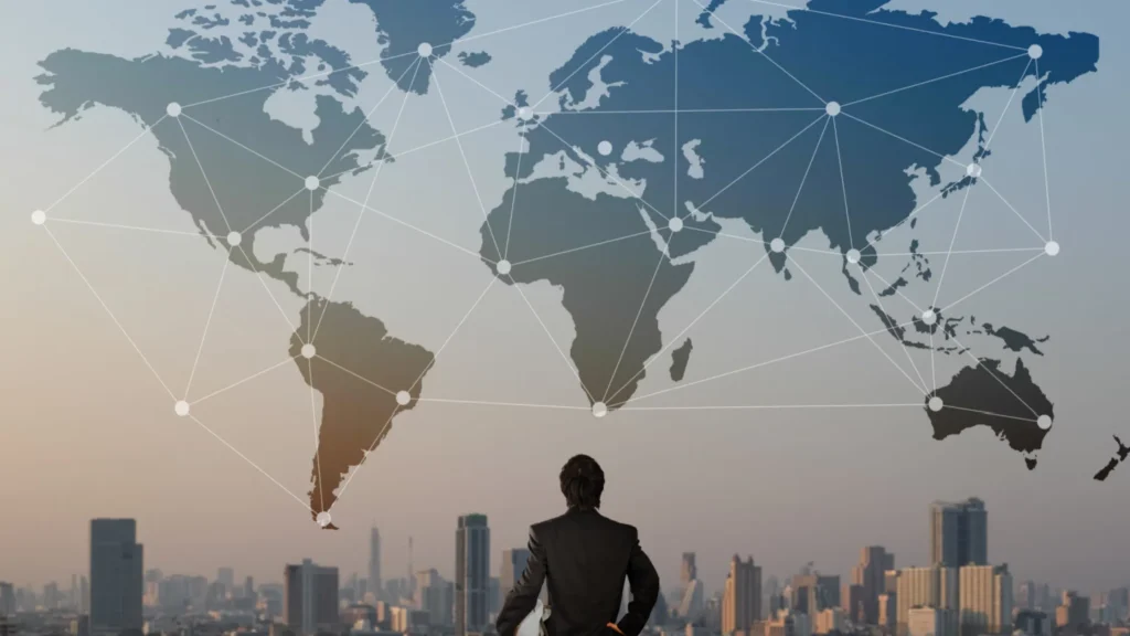 A businessman looking at a global network of connected dots representing international link-building strategies.
