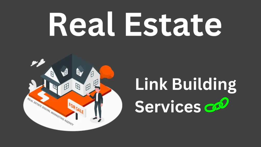 A real estate digital marketing illustration with "For Sale" signage, showcasing a Link Building for Real Estate service for enhanced online presence.