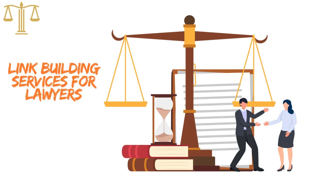 Link Building Services for Lawyers with a visual of a legal scale, books, and a business handshake.