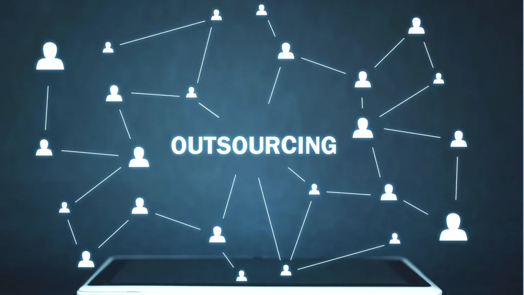 A digital representation of outsourcing with interconnected user icons, emphasizing collaboration and networking in professional services.