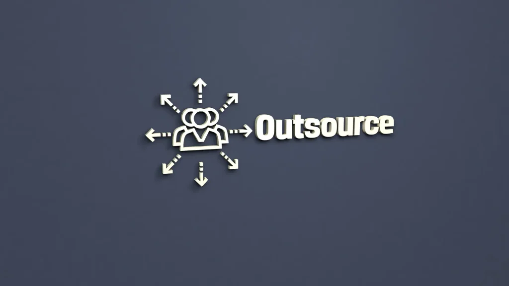 A 3D representation of outsourcing with arrows pointing outward, signifying delegation of tasks to external professionals or agencies.