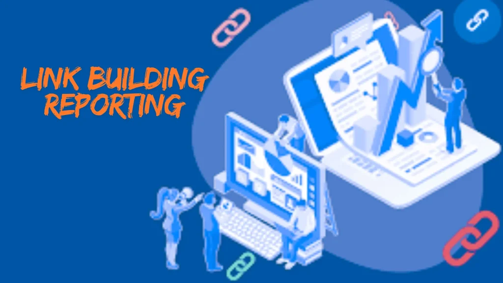 Illustration of professionals analyzing SEO reports with graphs and charts, emphasizing link-building reporting.