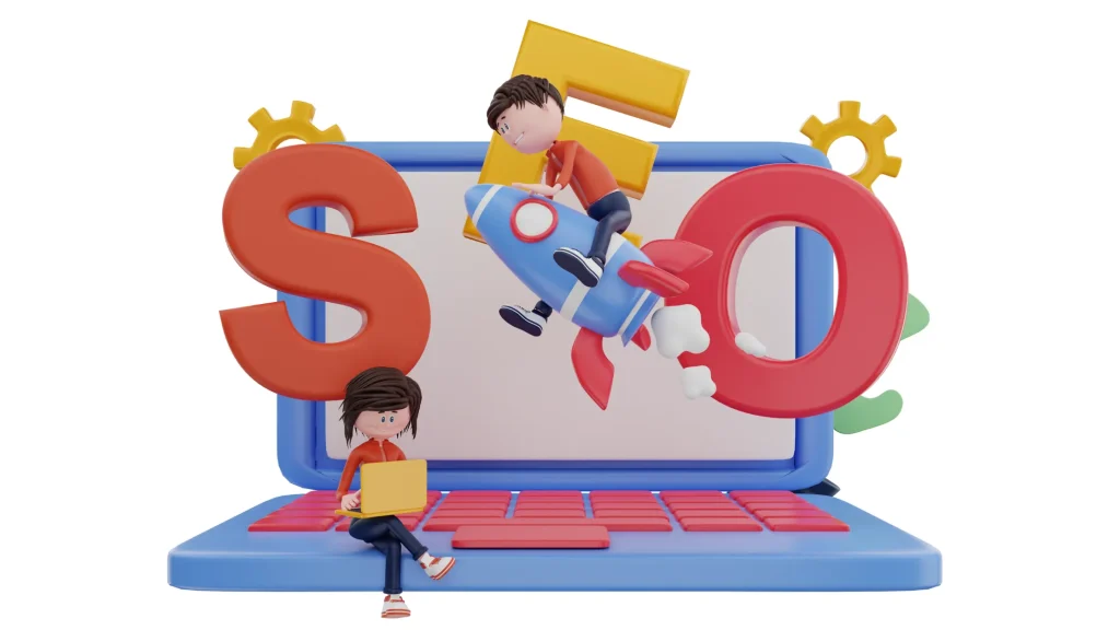 Local SEO Lead Generation with animated characters, SEO elements, and a rocket boosting SEO success.