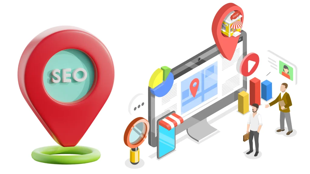 Local SEO for Plumber illustrated with location pin, website elements, and SEO analytics for plumbing businesses.